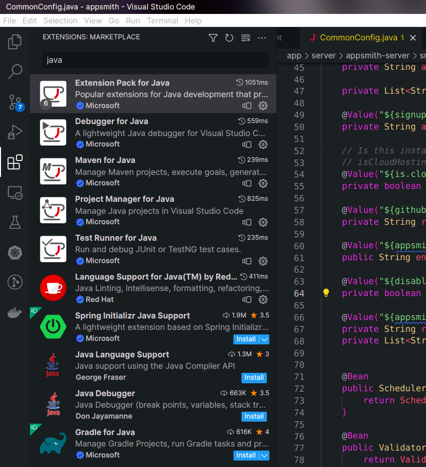 Java extensions support on Vscode