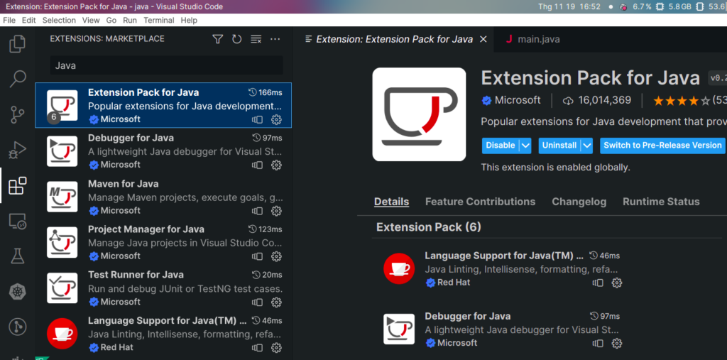 Java extension pack on Vscode